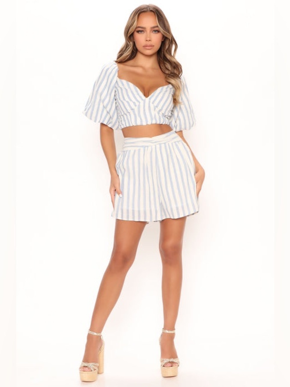 FASHION NOVA | blue & white striped cotton two piece set | size small
